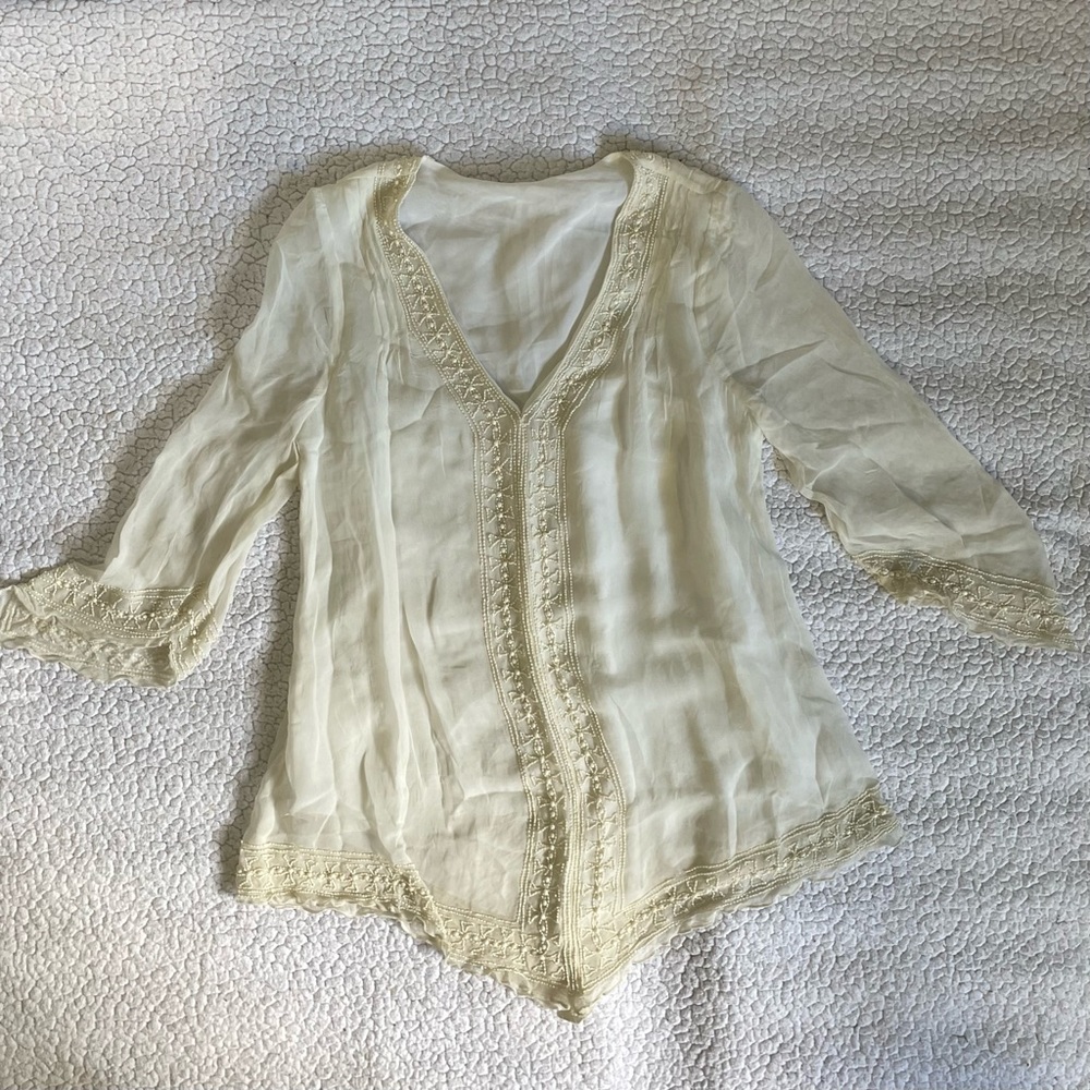 Cream Beaded Symmetrical V Neck Tunic